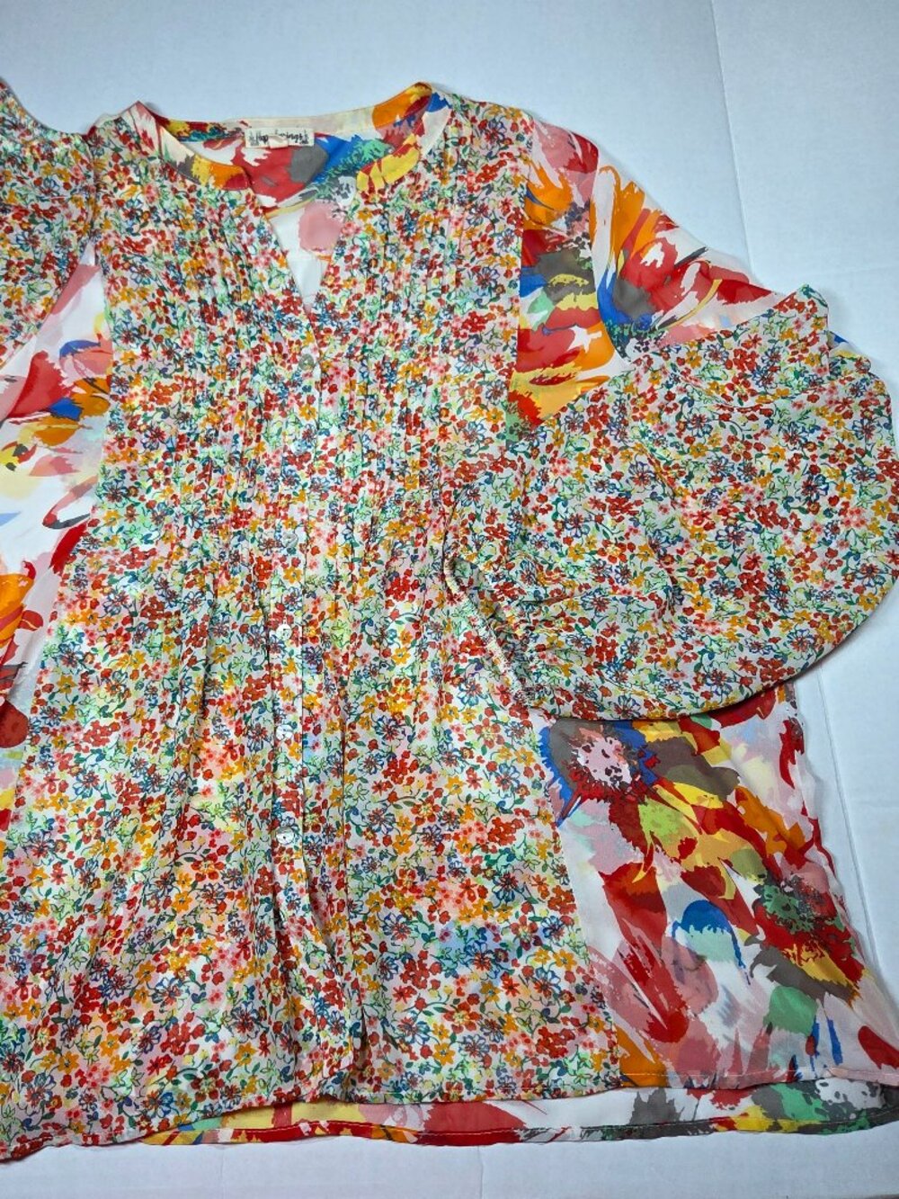 Hope Springs Floral Chiffon Button Front V-Neck Long Sleeve Blouse 3XL Plus